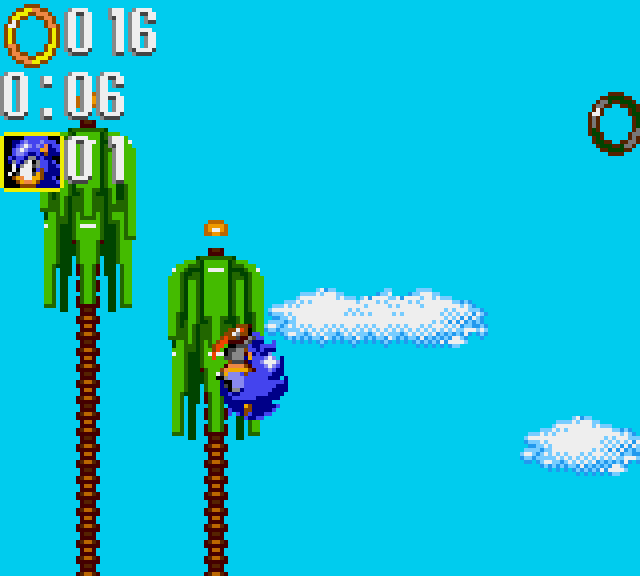 Sonic triple trouble frame: two trees, a sky background, and game status (HUD) in the upper left corner: 16 rings, 6 seconds remaining, and 1 life for Sonic.

Sonic is in ball form in the air in front of a tree.